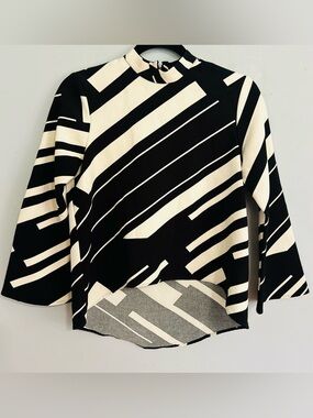 ZARA Striped Mock Neck Top XS Black White Bell Sleeve Mod Chic Minimal Workwear